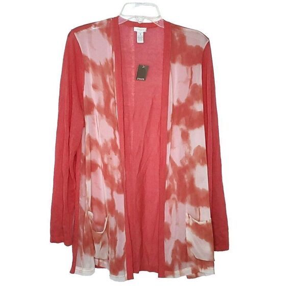 NEW Chico's Open Long Cardigan Sweater 3 XL Lightweight Tie Dye Coral Orange - Picture 1 of 5